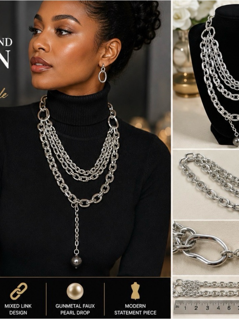 Silver-Tone Multi-Chain Necklace with Gunmetal Pearl Drop - Women Jewelry